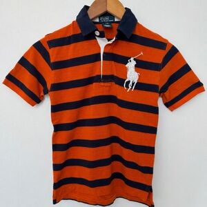 Polo Ralph Lauren Boys Polo Shirt Youth Small 8 Orange Navy Big Pony Striped